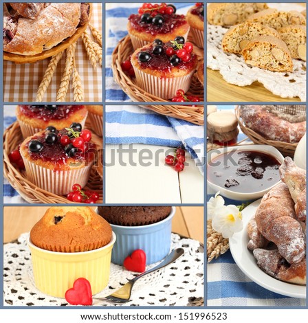 Collage of confectionery theme consisting of delicious pastries and cook