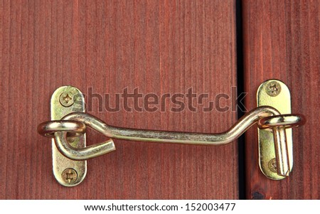 Metal hook in wooden door close-up