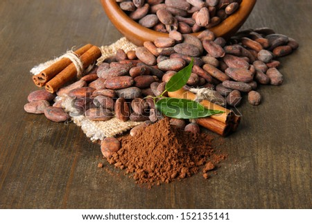 Cocoa beans in bowl, cocoa powder and spices on wooden background