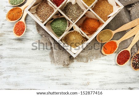 Assortment of spices in wooden spoons and box, on wooden background