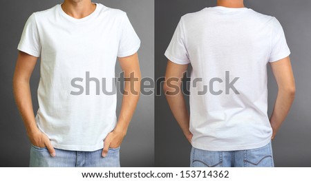 T-Shirt On Young Man In Front And Behind On Grey Background