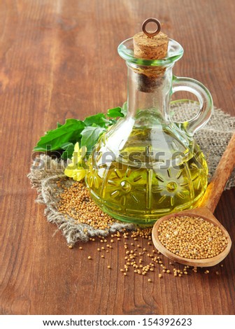 Jar of mustard oil and seeds with mustard flower on wooden background