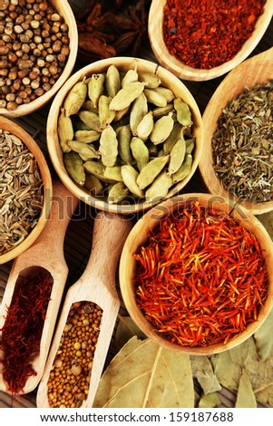 Many different spices and fragrant herbs close-up background