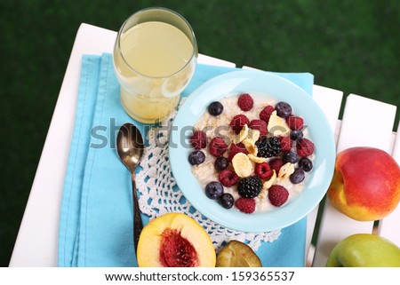 Oatmeal in plate with berries on napkin on table on grass background