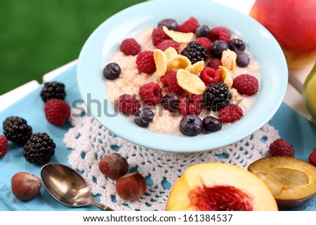 Oatmeal in plate with berries on napkin on table on grass background