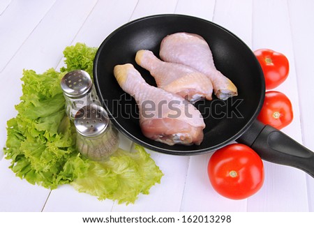 Raw chicken legs in pan close up
