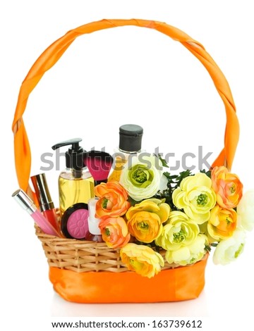 Gift basket with cosmetics isolated on white