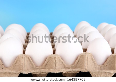 Eggs in paper tray on sky background