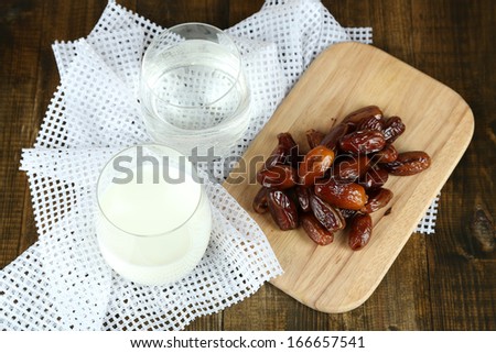 Conceptual photo of Ramadan food:dates palm, milk and water