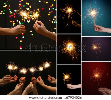 Collage of beautiful sparkler in hands