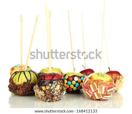 Candied apple on stick isolated on white