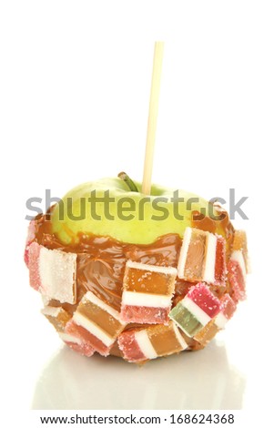 Candied apple on stick isolated on white