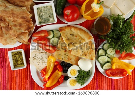 Traditional Turkish breakfast on fabric background