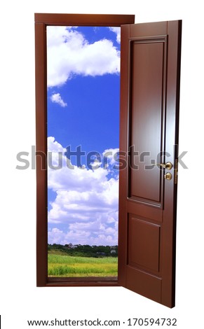 Field view through an open door isolated on white