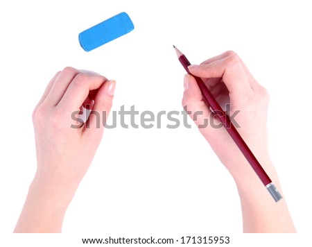 Hands with pencil and eraser isolated on white