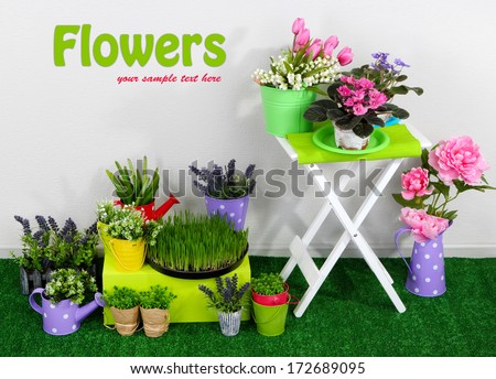 Color crate and table with decorative elements and flowers standing on grass