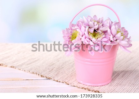 Beautiful chrysanthemum flowers in bucket on table on light background