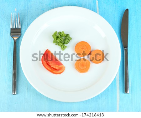 Small portion of food on big plate on wooden table close-up