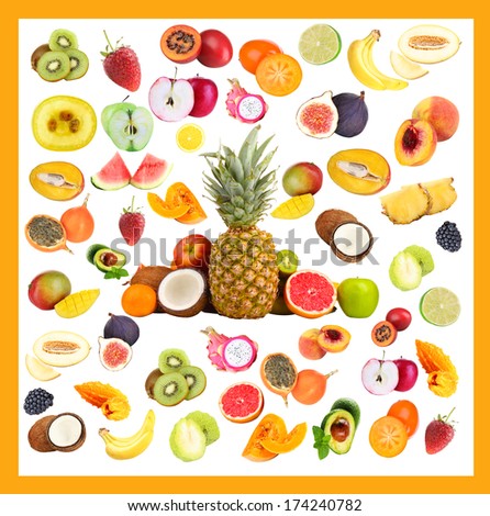 Collage of fresh fruits isolated on white