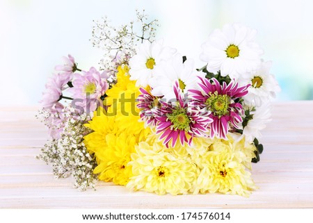 Beautiful chrysanthemum flowers on table on light background
