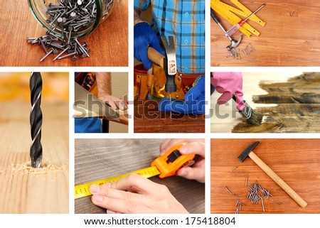 Collage of working man and carpentry tools