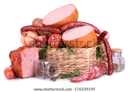 Lot of different sausages in basket isolated on white