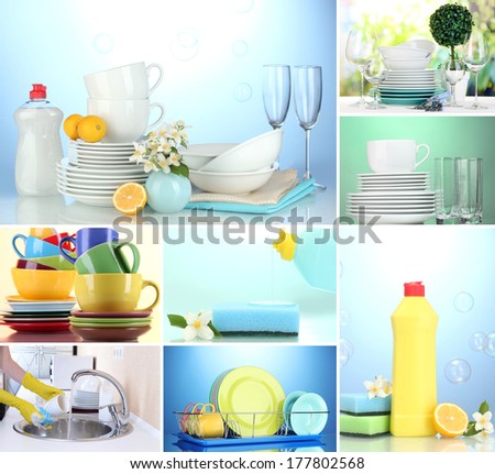 Collage of washing dishes, close-up