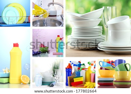 Collage of washing dishes close-up