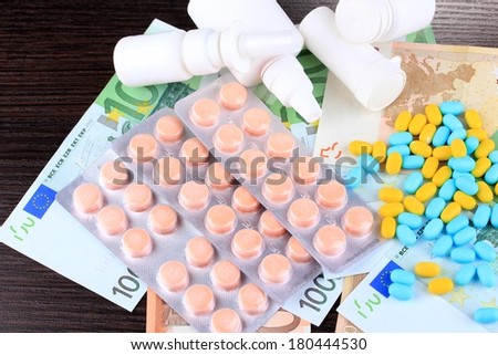 Prescription drugs on money background representing rising health care costs. On wooden background