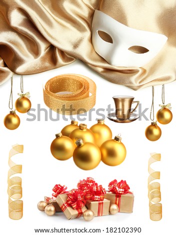 Collage of photos in gold colors isolated on white