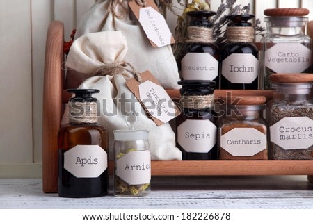 Historic old pharmacy bottles with label and weight scales on color wooden background