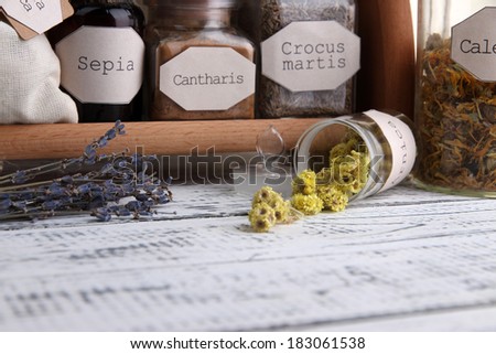 Historic old pharmacy bottles with label on color wooden background