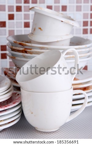 Dirty dishes on bright background