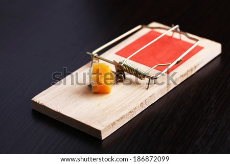 Mousetrap with cheese on wooden background