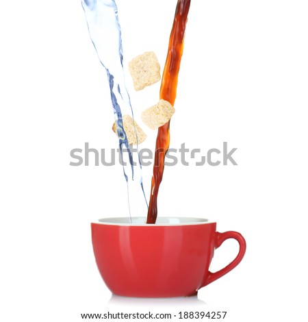 Pouring water, coffee into cup isolated on white
