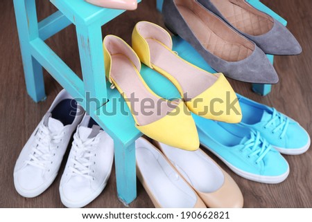 Shoe shelf with women shoes close up