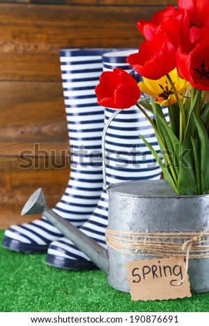 Composition of colorful tulips in watering can and rain boots on bright background