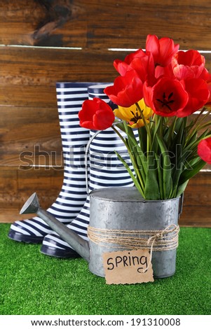 Composition of colorful tulips in watering can and rain boots on bright background