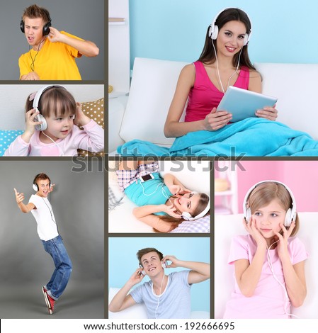 Collage of happy people with headphones