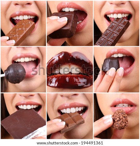 Collage of female mouth with chocolate candies