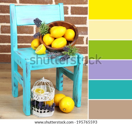 Still life with fresh lemons and lavender. Color palette with complimentary swatches