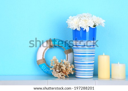 Composition of marine items on blue background