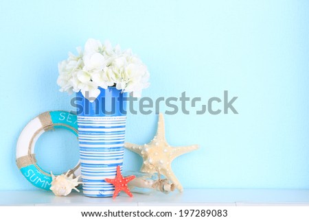 Composition of marine items on blue background