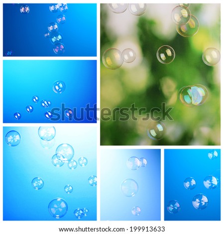 Collage of soap bubbles on blue background