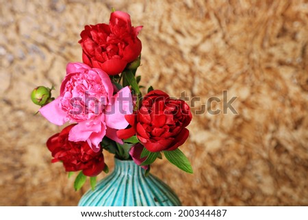 Beautiful pink peonies on brown wall background