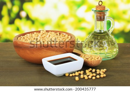 Soy products on table on bright background