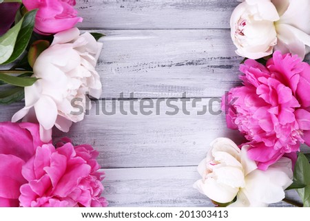 Beautiful pink and white peonies on color wooden background