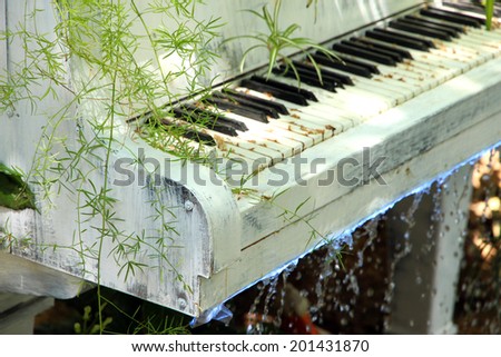Garden with pond and piano in retro style