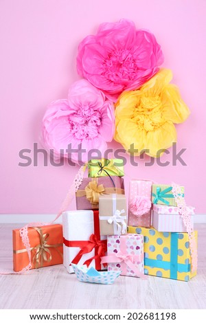 Many birthday gifts in room