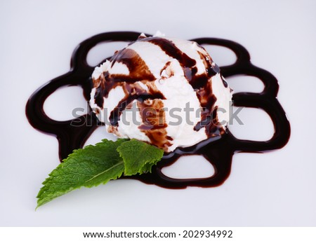 Vanilla ice cream with chocolate sauce on white plate, close-up